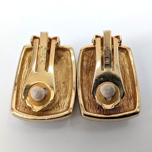 Christian Dior Vintage Navy Blue Rhinestone Wave Gold Tone Clip On Earrings - Picture 3 of 8